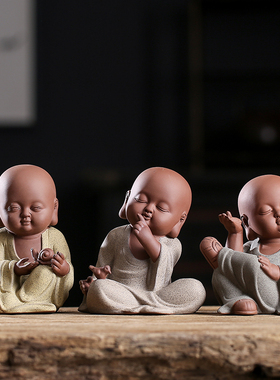 久造新中式紫砂禅意小和尚摆件家居饰品J客厅玄关电视柜创意装饰