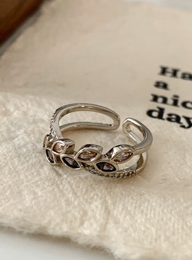 咖金戒指20f25新款爆款叠戴食指戒轻奢高级感树叶爱心锆石开口指