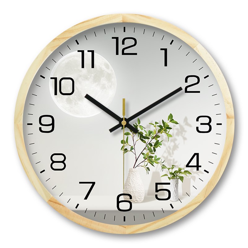简约现代b实木绿植静音挂钟客厅家用奶油风创意挂钟书房原木风时