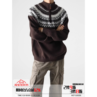 复古提花慵懒风半高领拉链情侣针织衫 ABFR费尔岛毛衣男冬季 美式