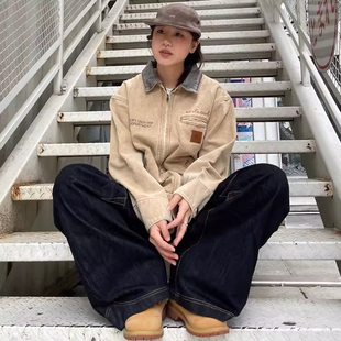 川川也美式复古水洗短款工装夹克外套男女牛仔开衫上衣美拉德春秋