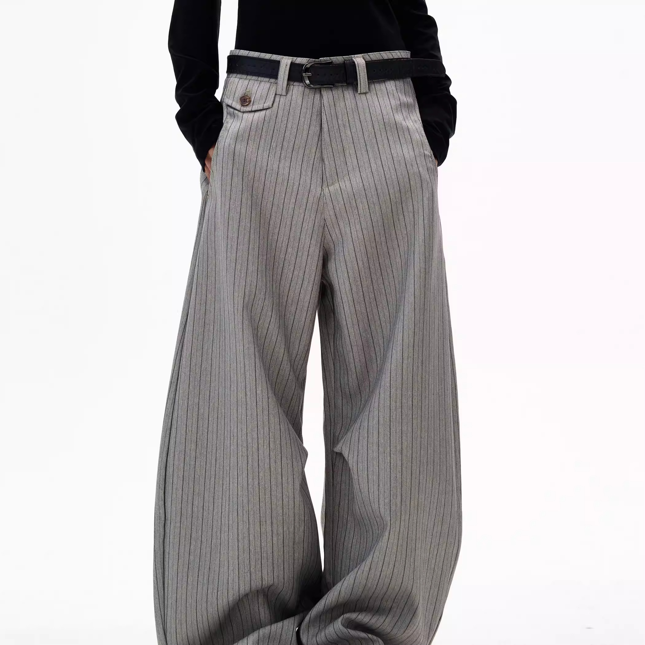 EBOUN美式老钱风条纹西裤男女垂坠感宽松裤子弯刀休闲西装裤情侣