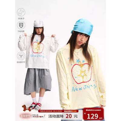 江南先生NewJNXS苹果刺绣长袖T恤男女速干抗菌纯棉宽松休闲上衣春