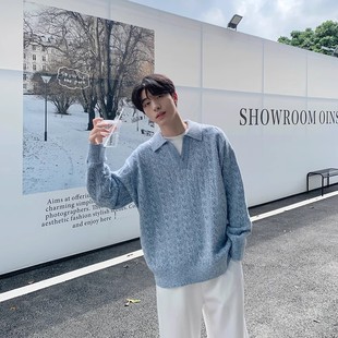 男秋季 ONELYC1NS 长袖 假两件翻领套头针织衫 宽松纯色休闲毛衣 韩版
