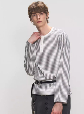 MANUSCRIPT条纹亨利领长袖T恤 正肩黑白色男休闲基础复古打底衫
