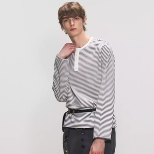 正肩黑白色男休闲基础复古打底衫 MANUSCRIPT条纹亨利领长袖 T恤