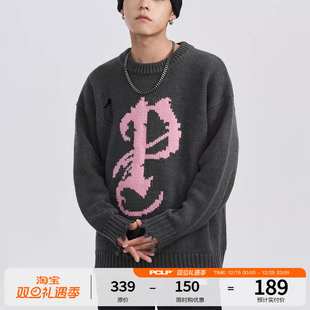 慵懒风破坏小众圆领套头针织衫 复古冬季 男 美式 PCLP马赛克P字毛衣