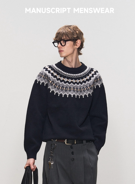 MANUSCRIPT费尔岛针织毛衣 羊绒感慵懒高级感套头圆领提花针织衫