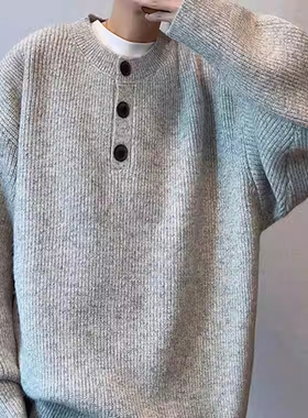 dannyandzee秋冬复古百搭重磅浅灰色慵懒风亨利领纽扣圆领毛衣男