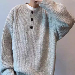 dannyandzee秋冬复古百搭重磅浅灰色慵懒风亨利领纽扣圆领毛衣男