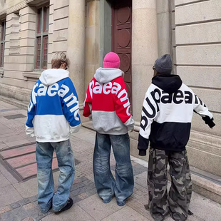 126KID 字母贴布刺绣拼接连帽卫衣男女宽松加绒情侣外套潮牌 美式