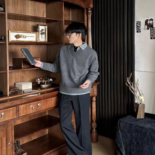 Stay the Night 假两件V领仿羊绒polo氛围感老钱毛衣