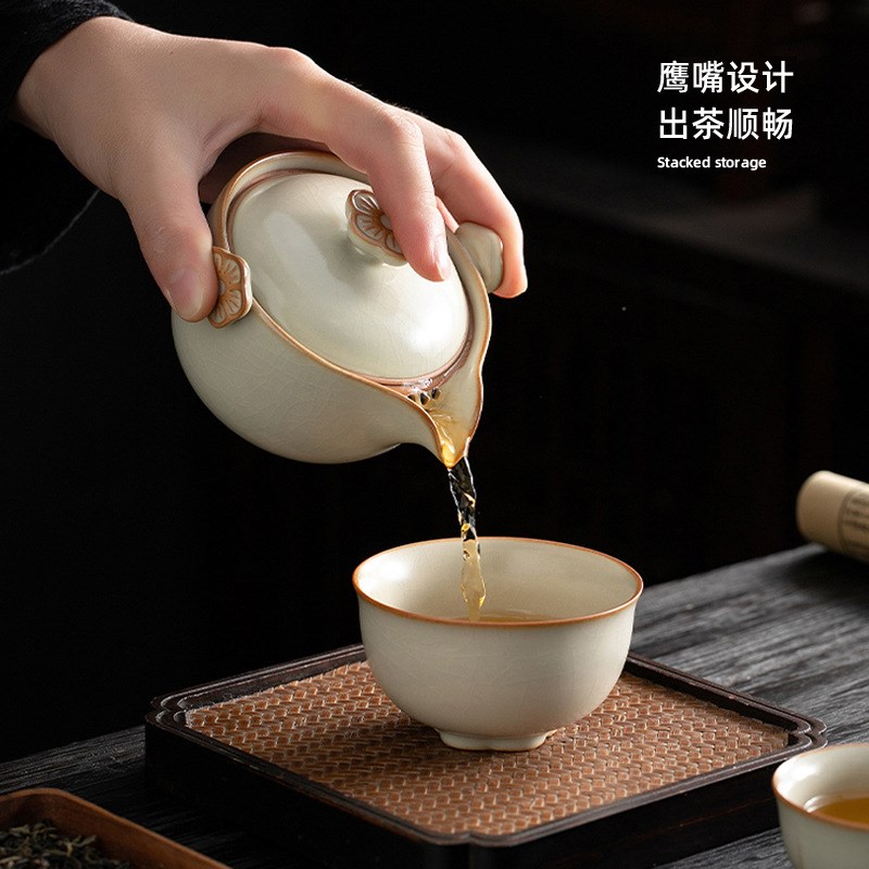 米黄汝窑茶壶单个盖碗功夫茶具可养开片金线大号泡茶器陶瓷手抓壶