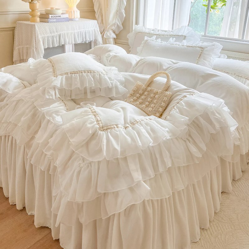 冬季仙女风牛h奶绒四件套法式珊瑚绒保暖被套加厚毛绒公主风床裙