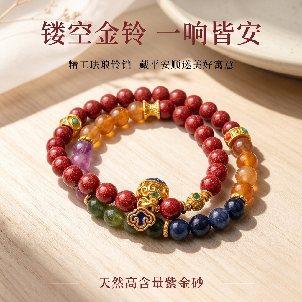 国风复古紫金砂手串｜五行彩珠天然朱砂｜国风女士本命年随身手链
