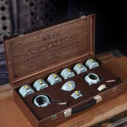 哥窑陶瓷开片侧把壶功夫茶具套装木质礼盒包装礼品可加LOGO轻奢风