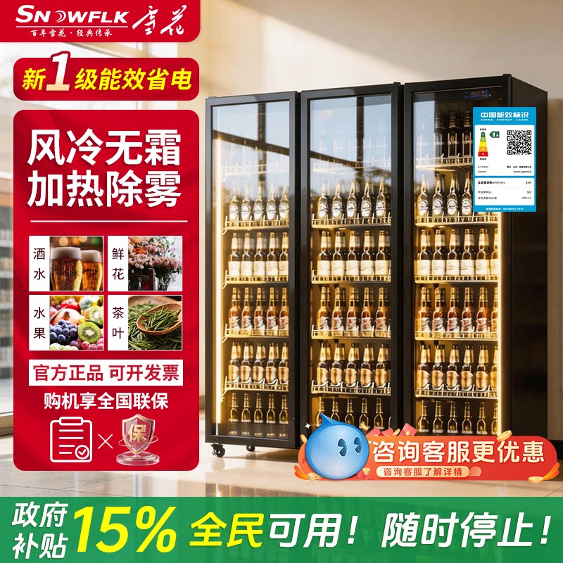 雪花一级能效网红啤酒柜饮料酒水展示柜冷藏立式冰箱双门酒吧冰箱