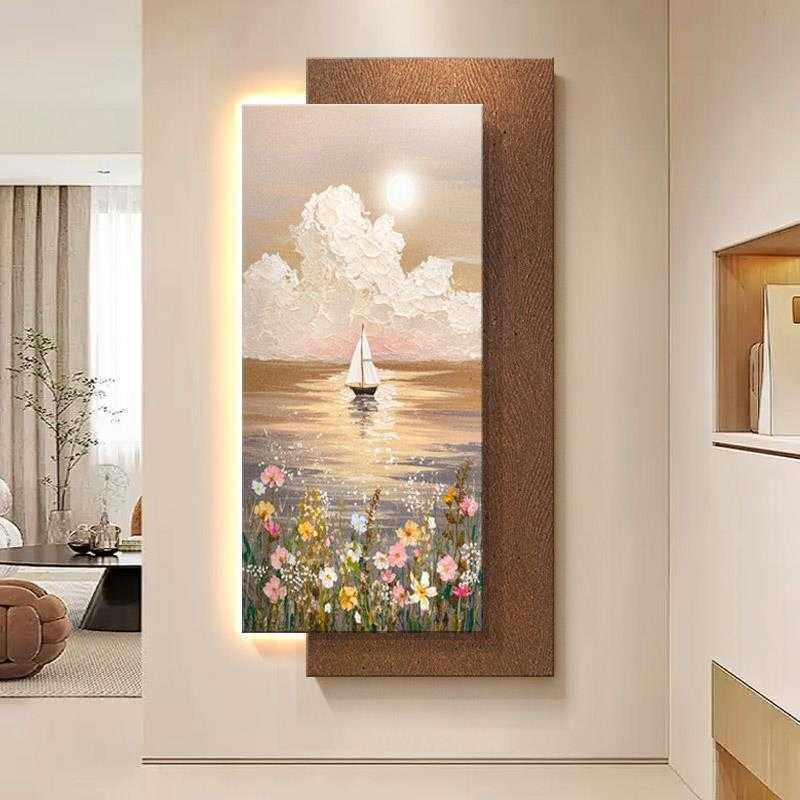 奶油风入户玄关装饰画花海风景走廊过道挂画高档砂岩立体感壁灯画