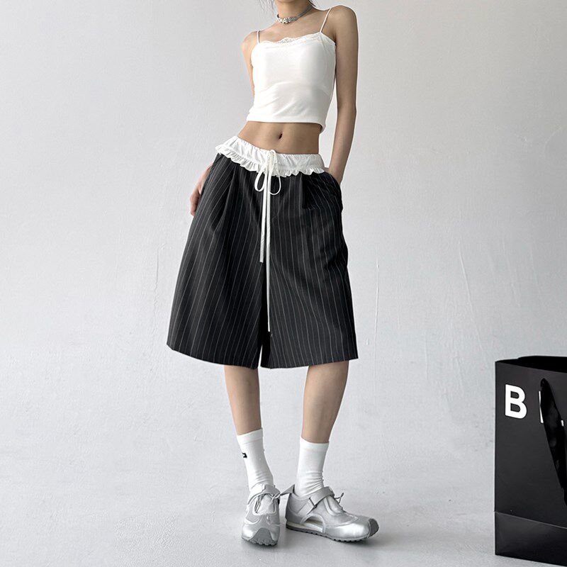 条纹抽绳白腰时尚中裤女2025夏C装新款百搭休闲今年流行直筒五分