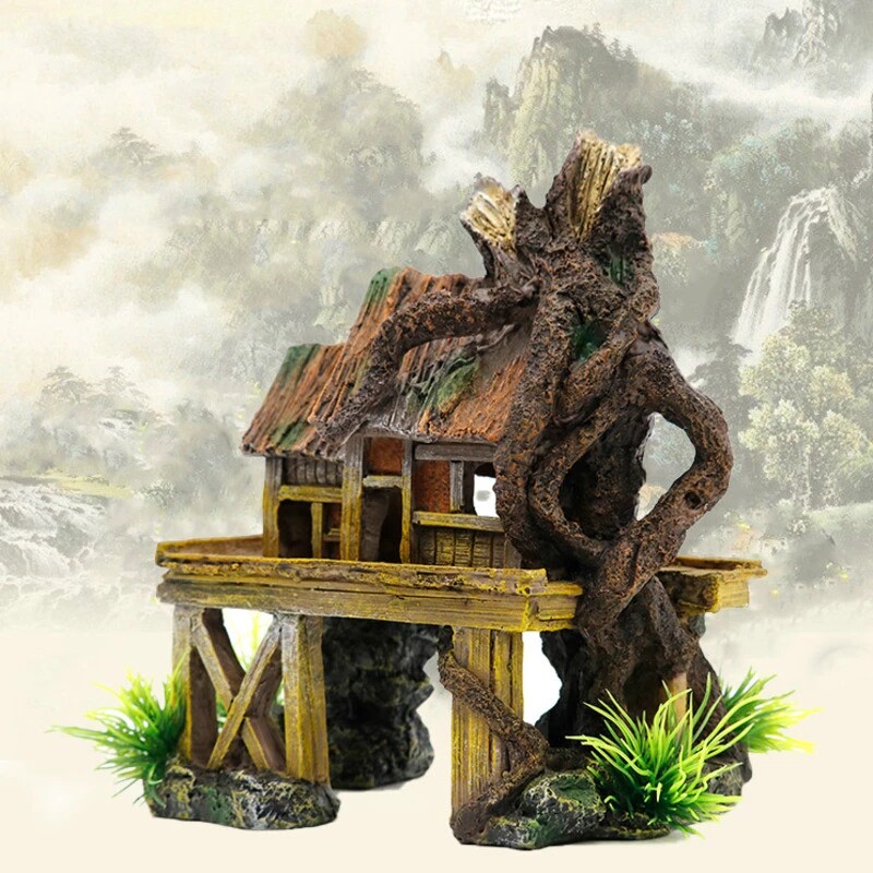 鱼缸造景 躲避树洞房子水族装饰品 茅草屋树脂工艺品创意古屋江南