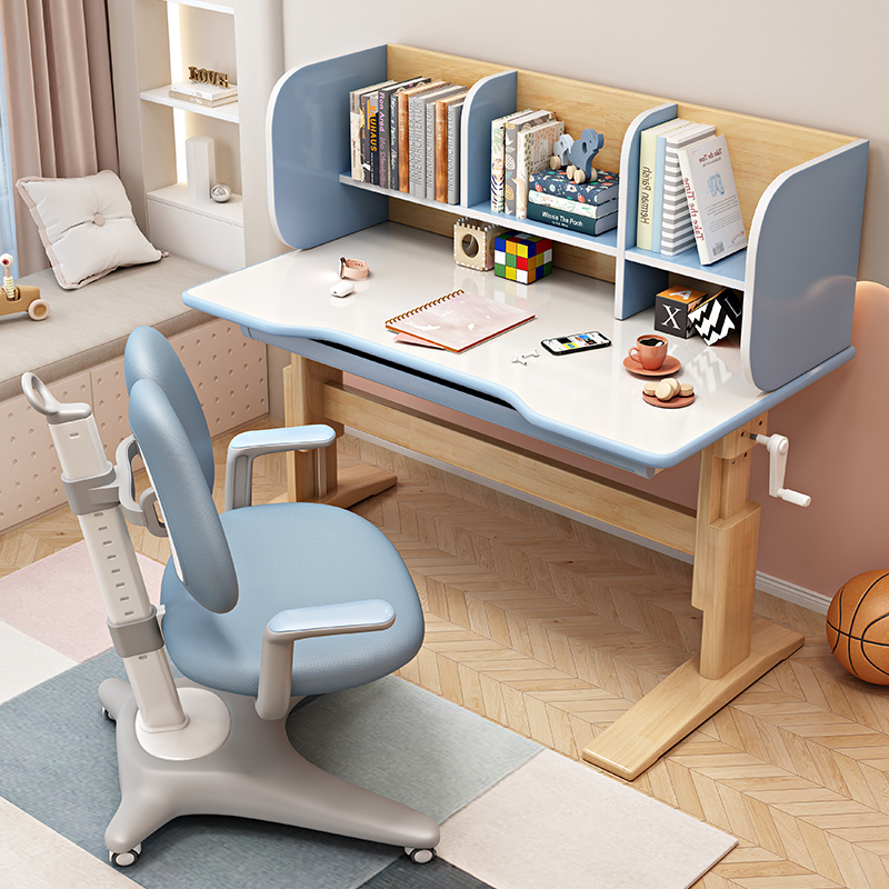 儿童学习桌椅家用手摇升降学生作业课桌椅全实木卧室女孩写字书桌
