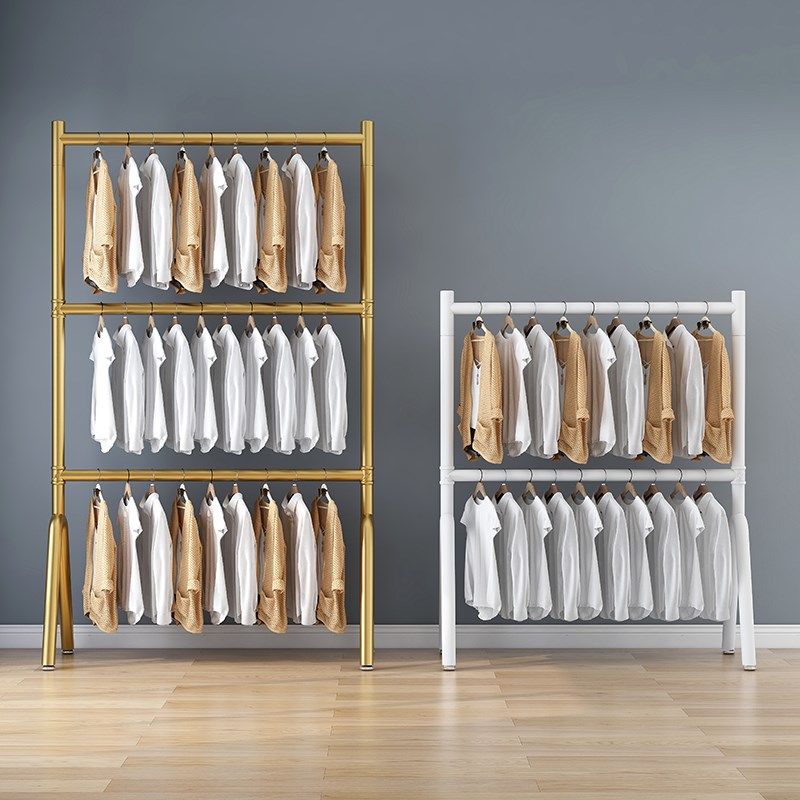 晾衣架落地卧室三层挂衣架升降加厚双单杆不占家用阳台晒衣收纳架