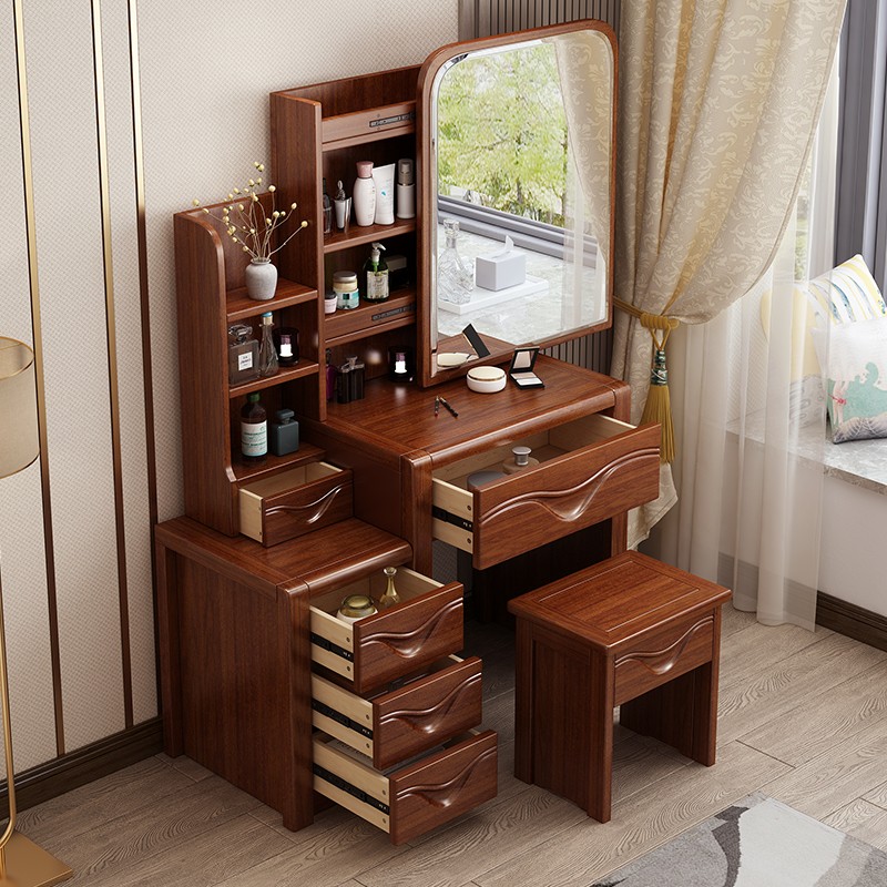 胡桃木梳妆台中式实木化妆台现代简约收纳柜一体化妆桌可伸缩妆台