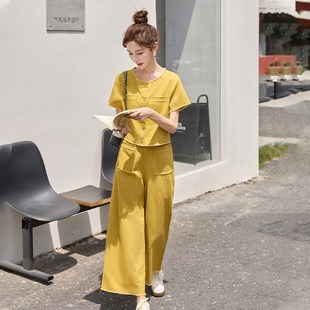 套装 2025z新款 轻熟小众不撞款 女款 亚麻两件 夏季 小个子休闲阔腿裤