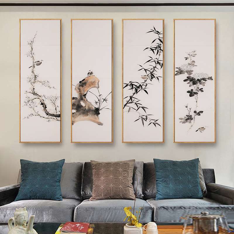 中国风中式挂画梅兰竹菊四联装饰画客厅画茶室办公室壁画装饰字画