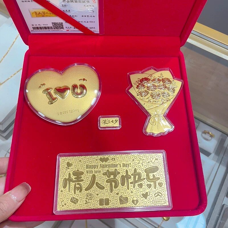 希曼汀黄金情人节快乐金钞1克足金玫瑰花束七夕情人节礼物送女友