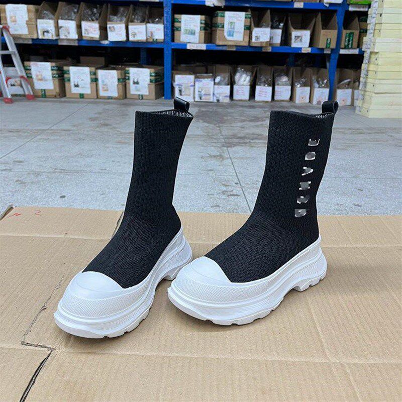 Lady Shoes外贸原单女靴鞋垫真皮圆头厚底针织套筒袜靴瘦瘦短靴