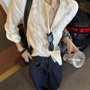 苎麻立体绣花正肩R衬衫 春夏季 宽松白色