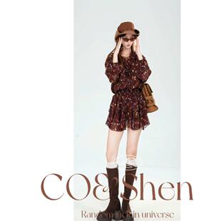 朦胧诗篇/重生小个子圆领常规百搭连衣裙印花时尚泡泡袖长裙