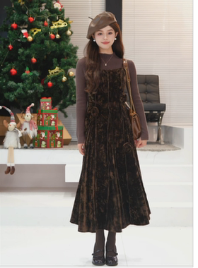 co&sheng鎏金岁月/小个子秋冬丝绒连衣裙气质优雅靓丽玫瑰时尚