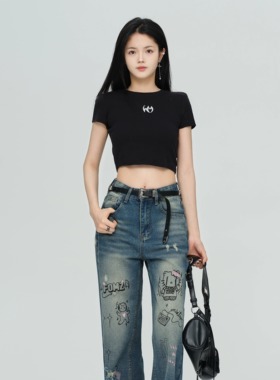 co&sheng小个子定制春款直筒kitty猫字母条纹图案牛仔裤高腰复古