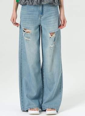 遗迹/co&sheng重生150小个子夏季破洞直筒牛仔裤女洋气