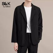 外套宽松潮流痞帅套装 高级感黑色西装 秋冬季 班尼路SK休闲西服男士