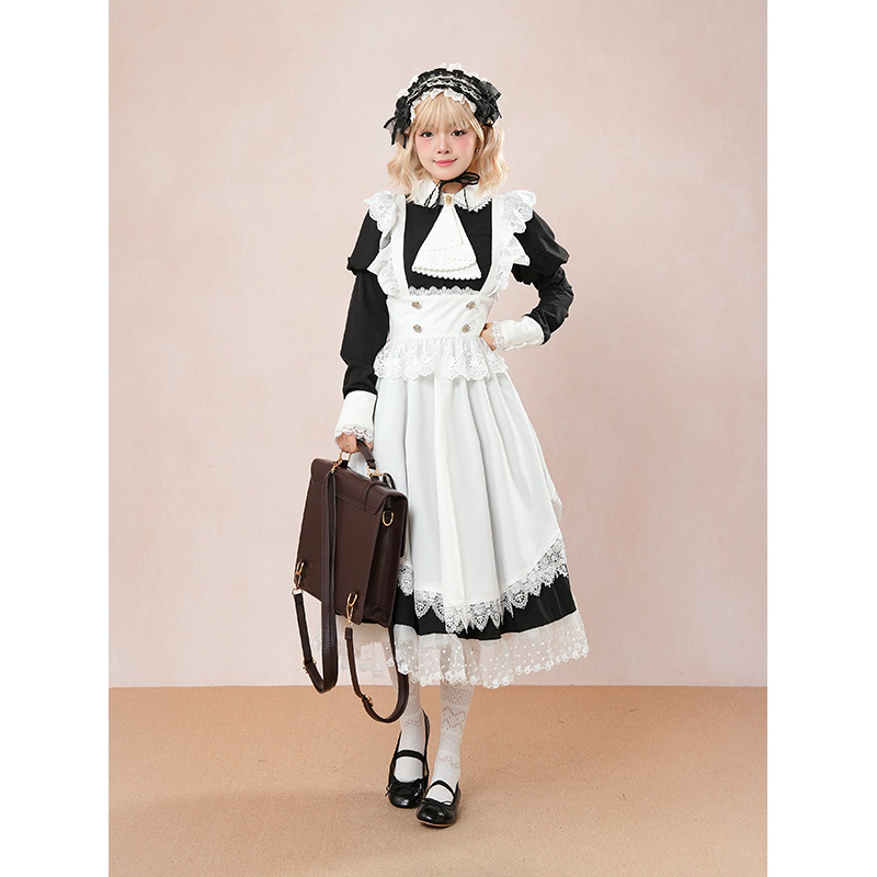 【十六夜】复古甜美lolita黑色修身古典女仆感连衣裙+围裙两件套