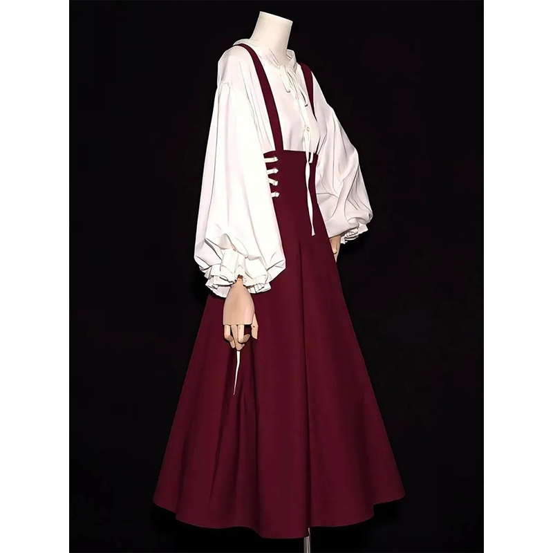 宫廷风束腰系带长裙+灯笼袖衬衫