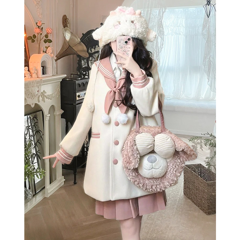 秋冬JK制服毛呢粉白绀白套装海军领上衣蝴蝶结小众设计百褶裙套装