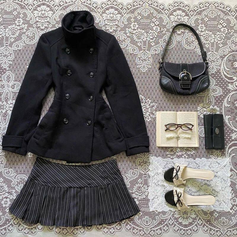 古早doll感vintage套装日系复古双排扣外套+学院风半身裙两件套