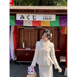 气质富家千金风奶白色小香毛领上衣+高腰半裙套装女2025秋冬新款