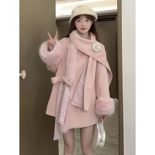 【月光序曲】小个子甜美可爱清新miu系千金感夹棉外套+围巾两件套