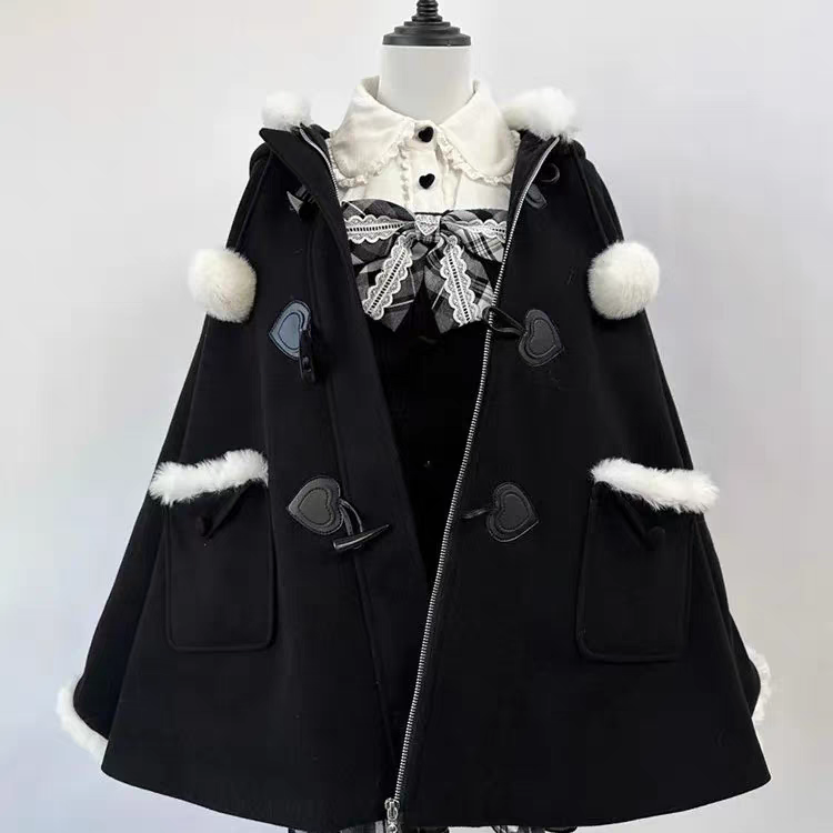 韩系学院风牛角扣连帽斗篷毛呢外套女秋冬新款设计感宽松呢子大衣