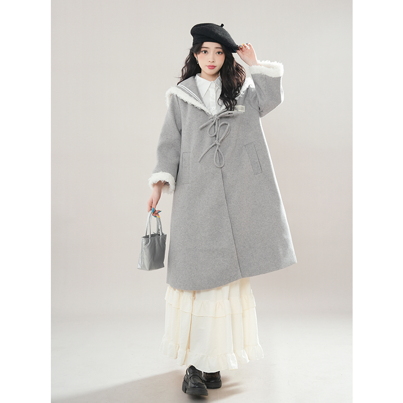 【冬日学院袍】秋冬奶灰色夹棉保暖毛呢大衣外套2024新款呢子外套