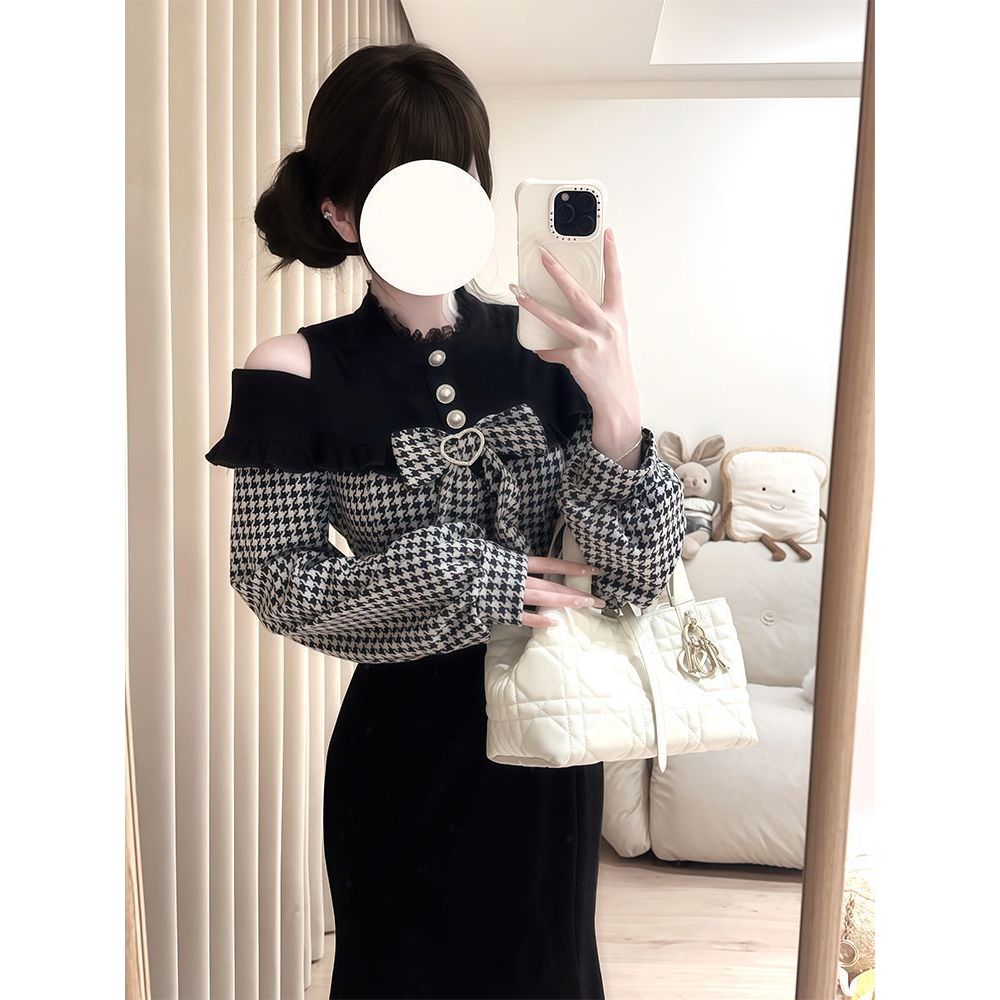 【心动女神】温柔清楚系日系蝴蝶结拼接格纹收腰显瘦鱼尾连衣裙