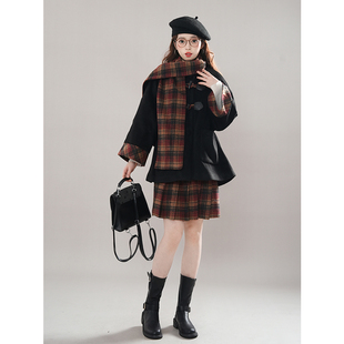 【扶光】JK制服毛呢套装学院风可爱格子披风围巾领外套冬季两件套