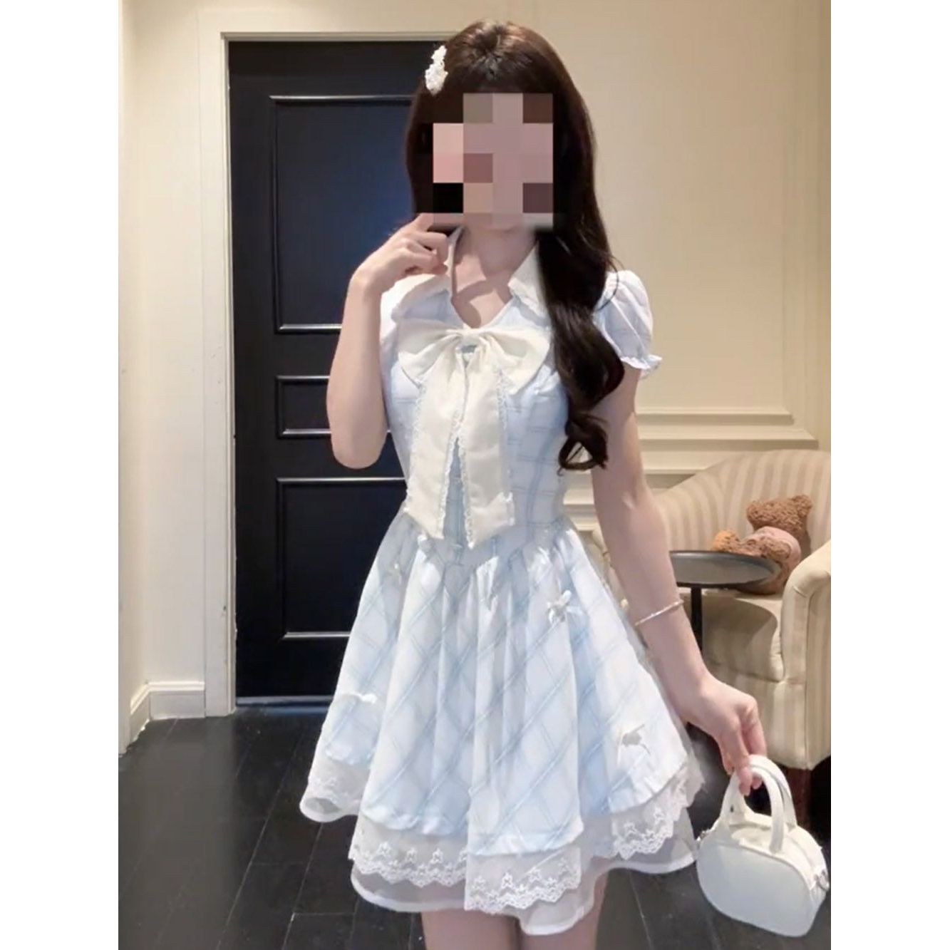 海盐冰茶 少女蝴蝶结格纹连衣裙小个子甜美可爱蕾丝收腰拼接短裙