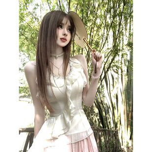 烟雨江南 细闪荷叶浪漫挂脖衫法式温柔小清新夏季套装女惊艳裙子