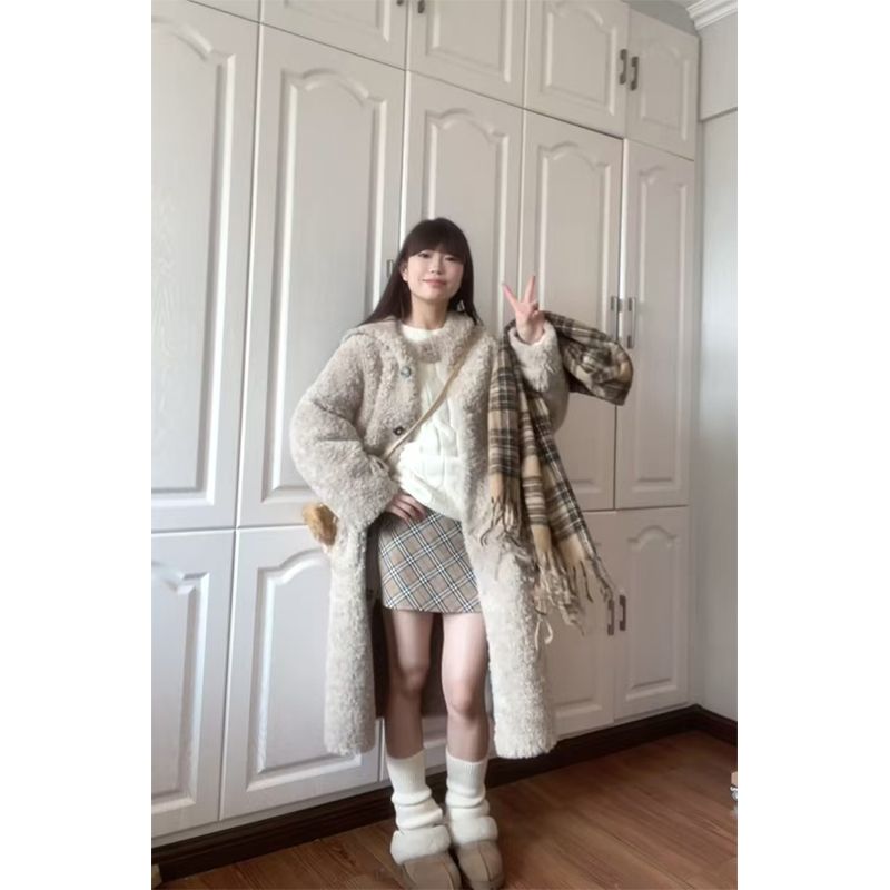 2025新款冬季连帽羊羔毛外套女韩版长款宽松保暖百搭过膝毛毛大衣
